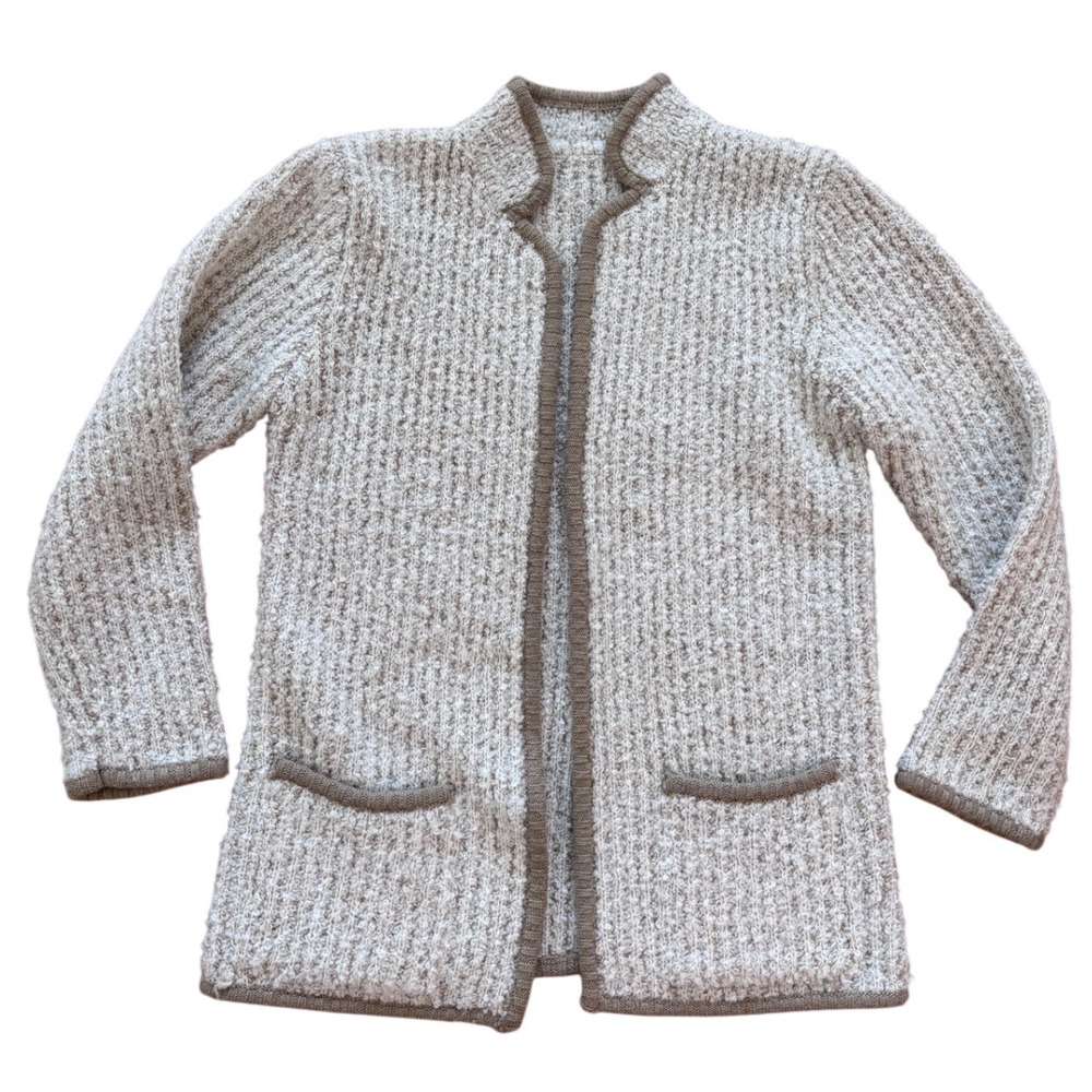 Vintage Textured Boucle Knit Open Front Cardigan Cream Tan Trim Pockets Small‎